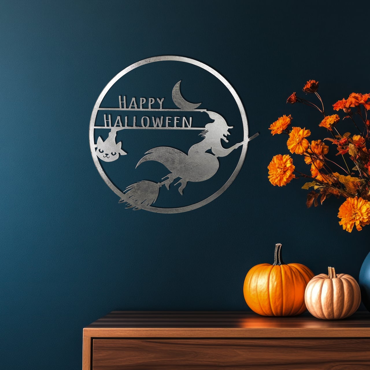 17" Silver Flying Witch Happy Halloween Wall Sign